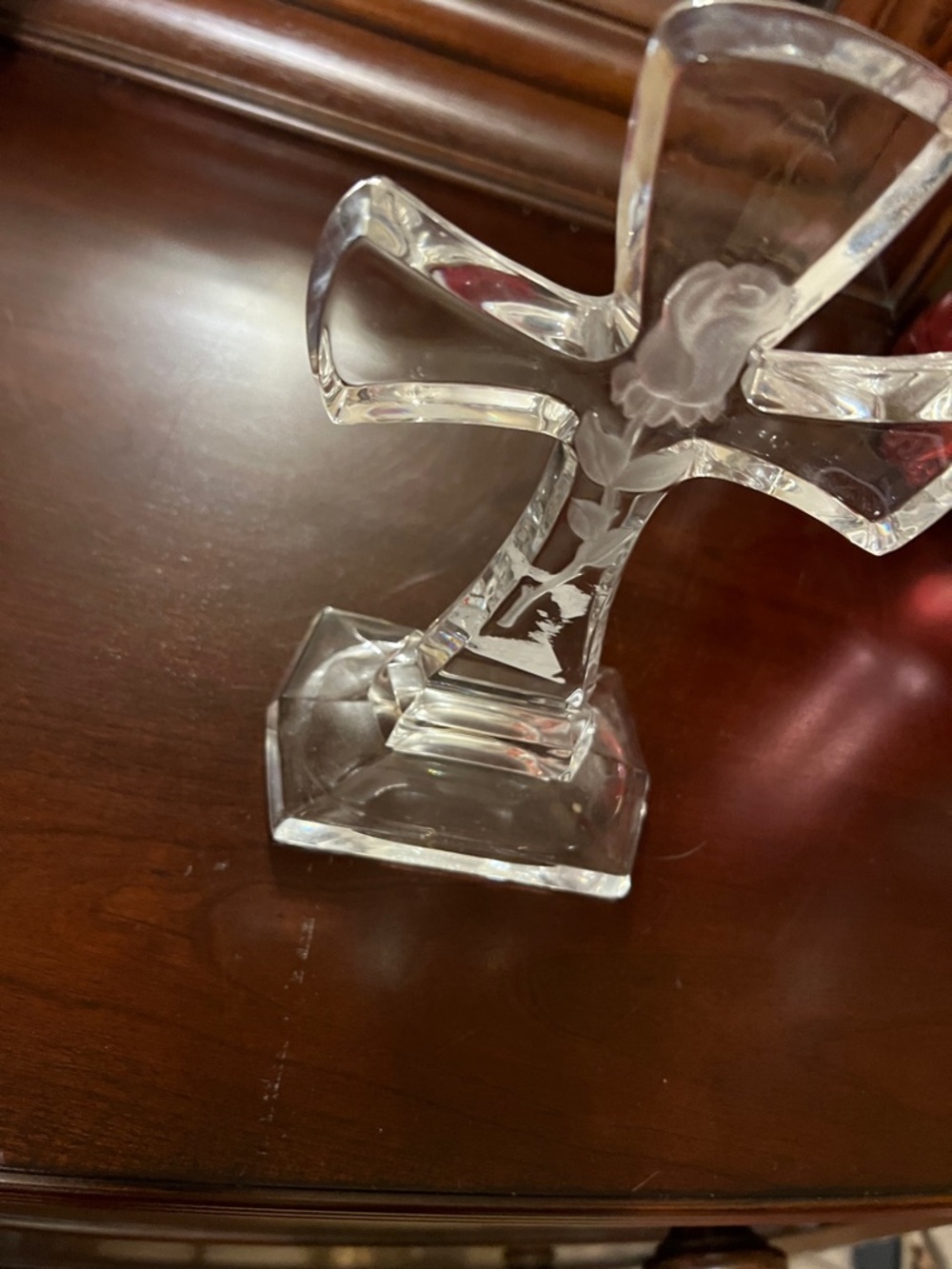 Clear Glass Cross Art Sculpture - Elegant Etched Floral Design